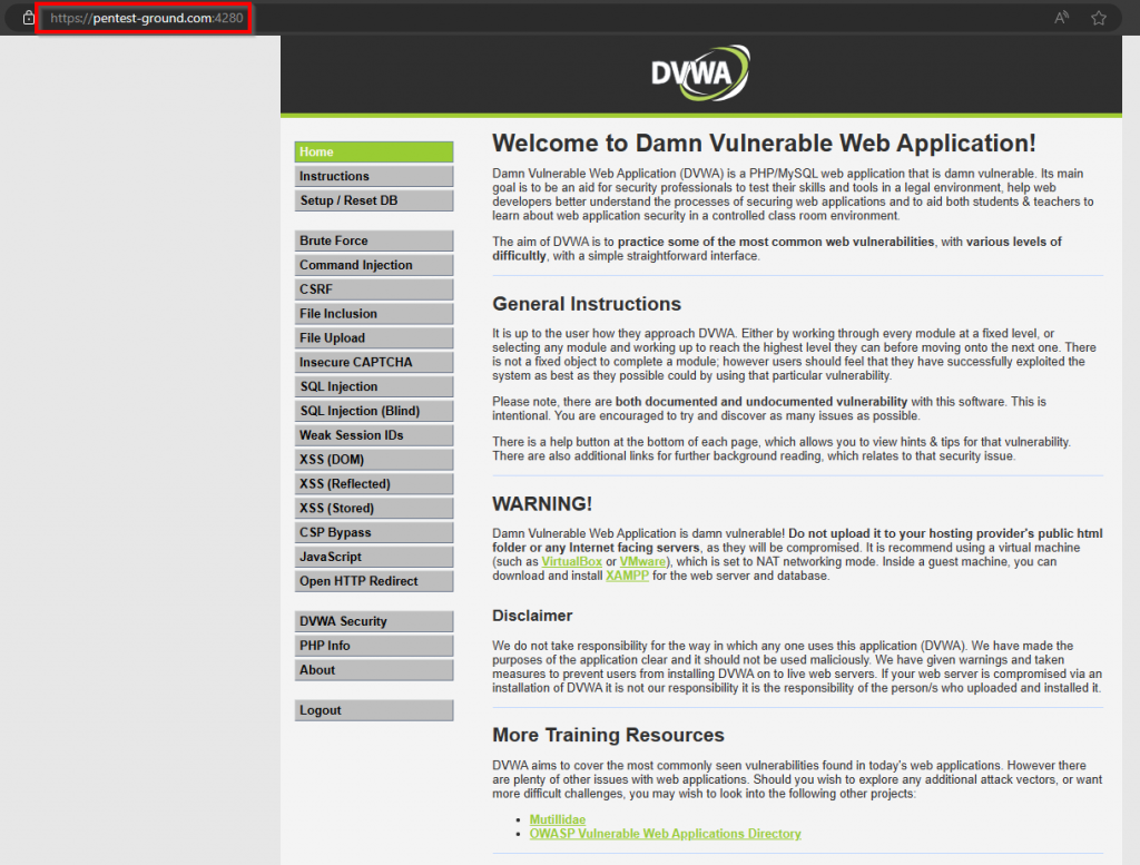 DVWA homepage available on pentest-ground.com