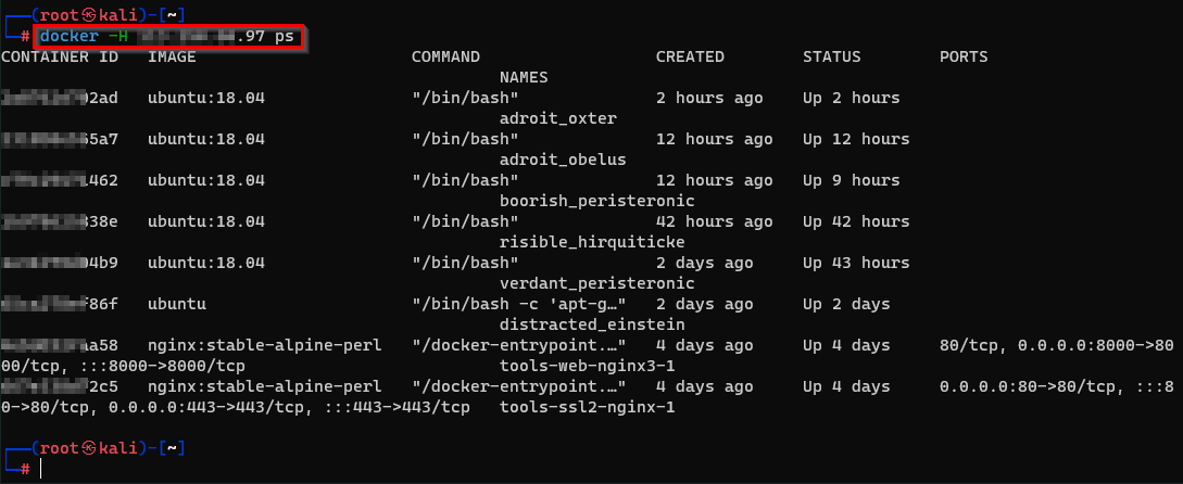 Linux terminal showing process list on the selected Docker container using the ps command
