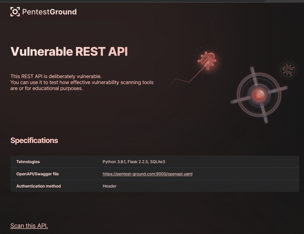 vulnerable REST API homepage available on pentest-ground.com and showing technical specifications
