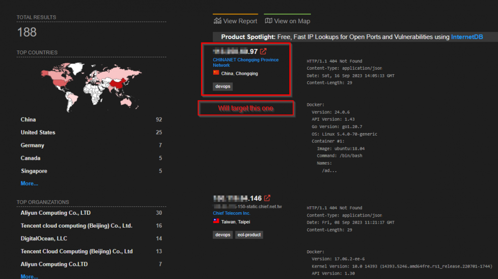 Shodan results showing the number of Docker containers accessible everywhere in the world on port 2375, the top 5 countries and technical details for vulnerable machines
