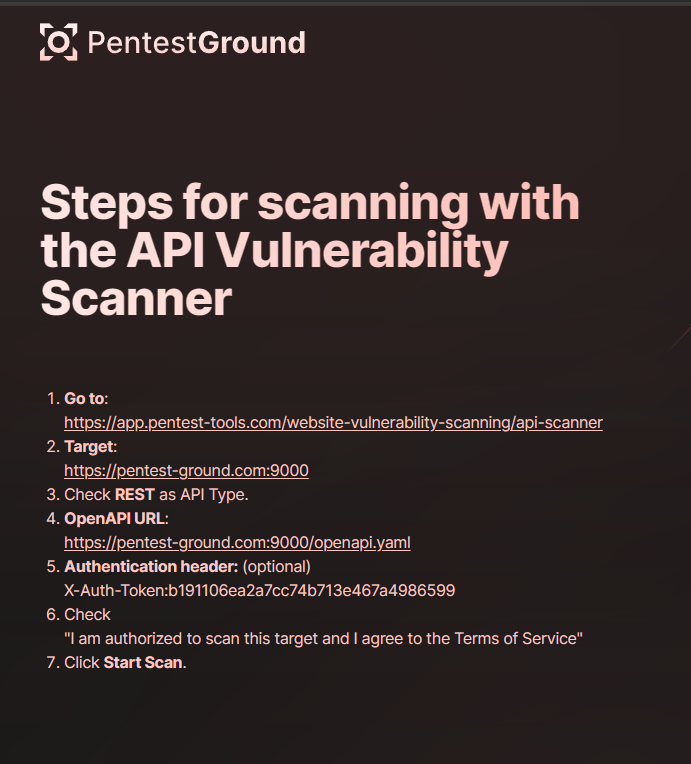 Numbered list showing how to scan the vulnerable API and providing the authentication header